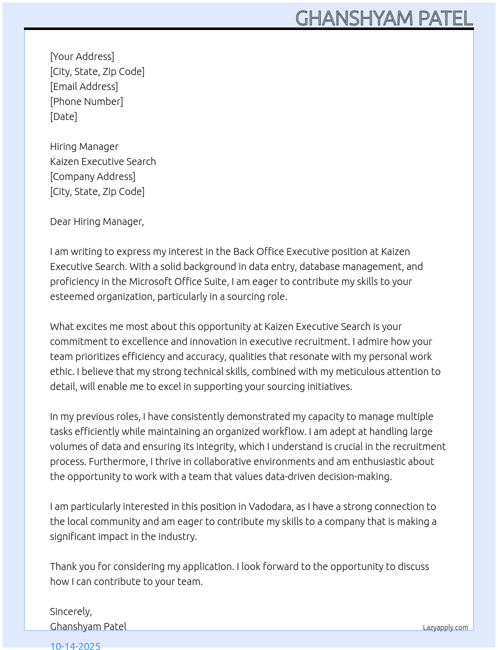 Cover letter for back office executive - LazyApply