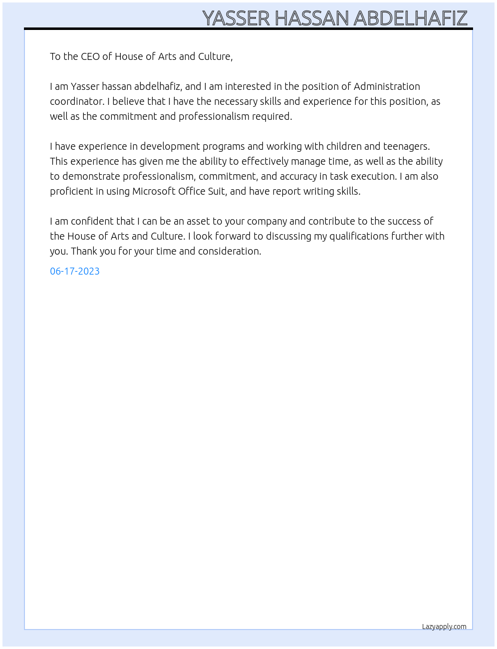 Administration coordinator At House of arts and culture Cover Letter