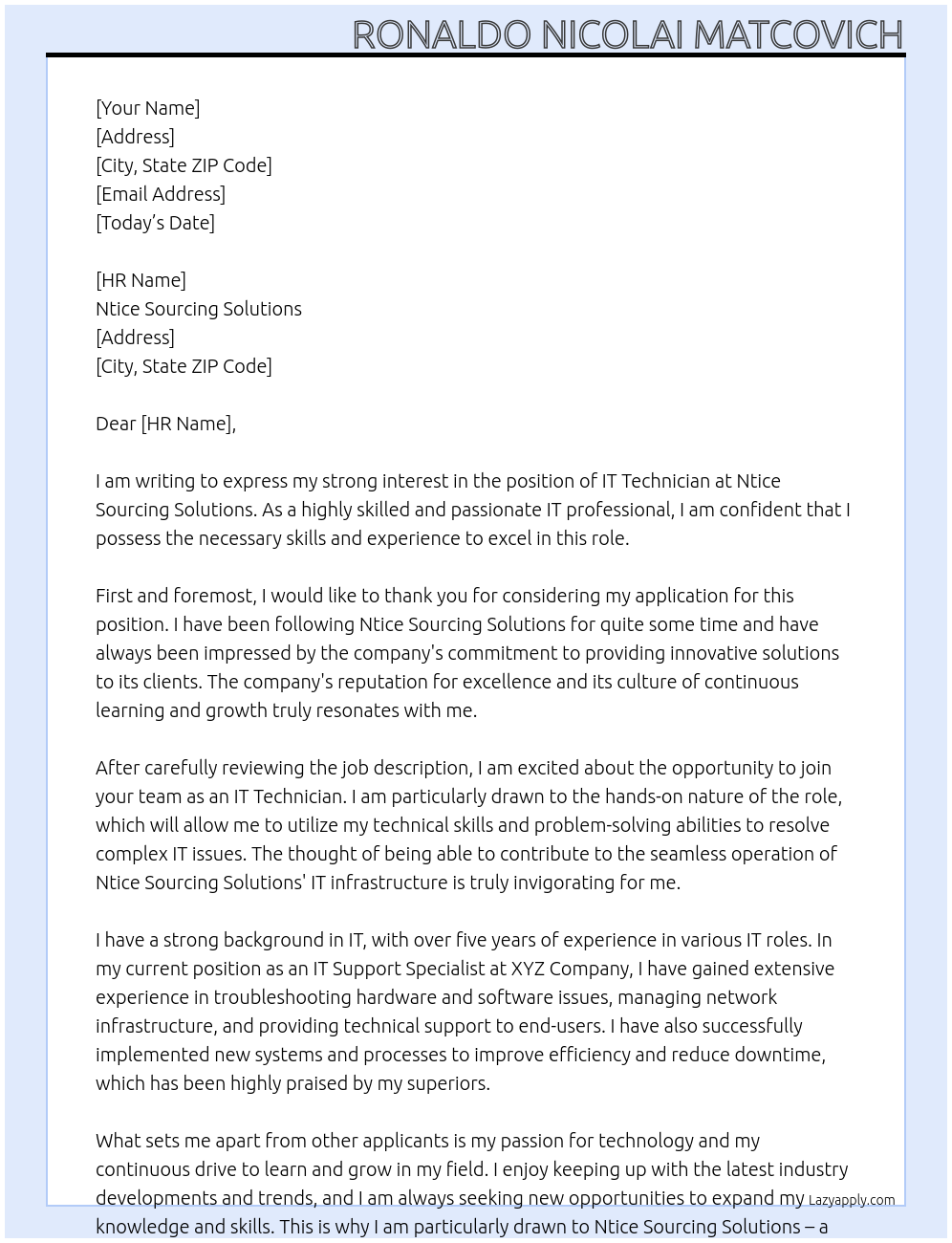 IT Technician At Ntice Sourcing Solutions Cover Letter