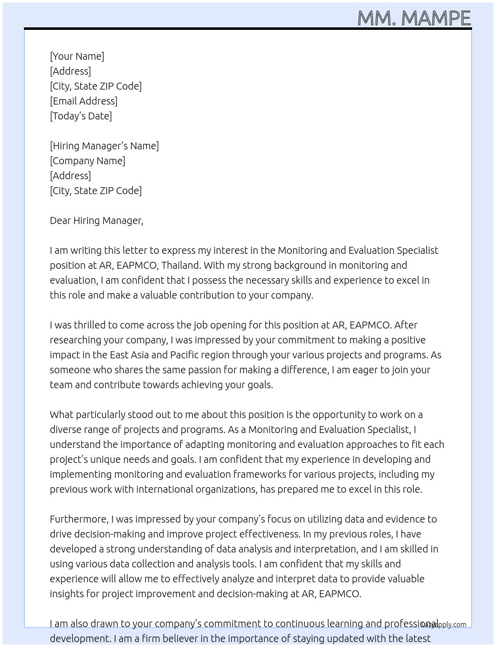 Monitoring and Evaluation specialist At AR, EAPMCO, Thailand Cover Letter