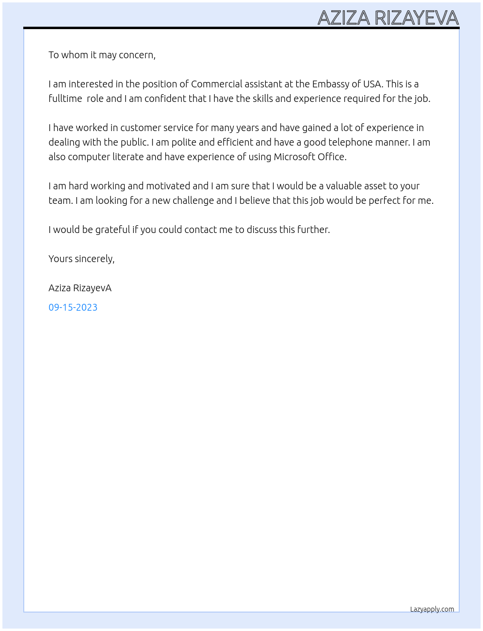 Commercial assistant At Embassy of USA Cover Letter