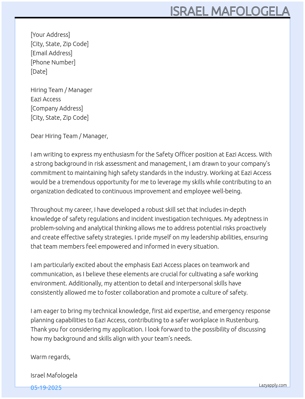 Safety Officer At Eazi Access Cover Letter