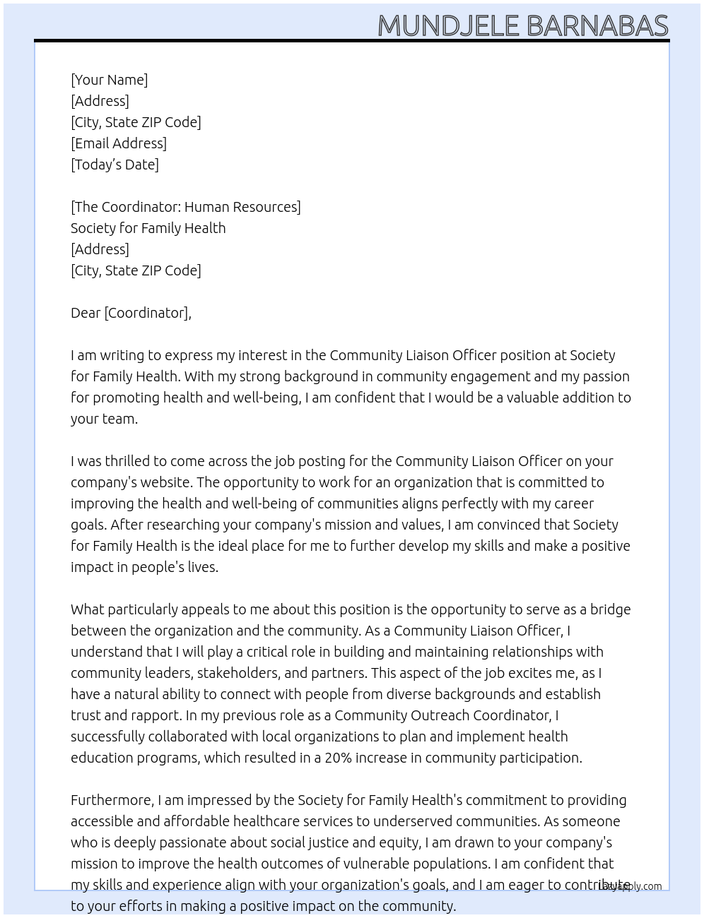 Community liaison officer At Society for Family Health Cover Letter