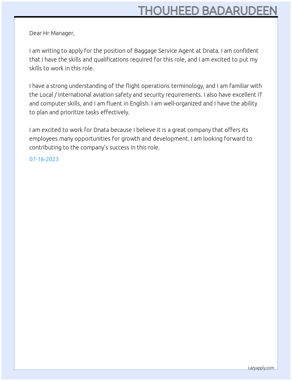 Baggage service agent At Dnata, Dubai emirates  Cover Letter