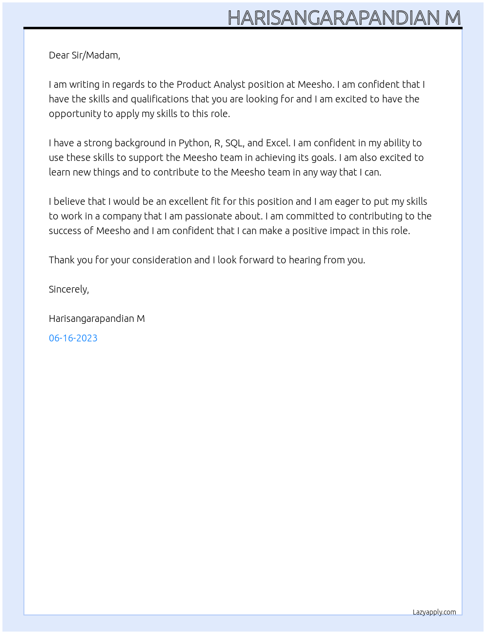 Product analyst At Meesho Cover Letter