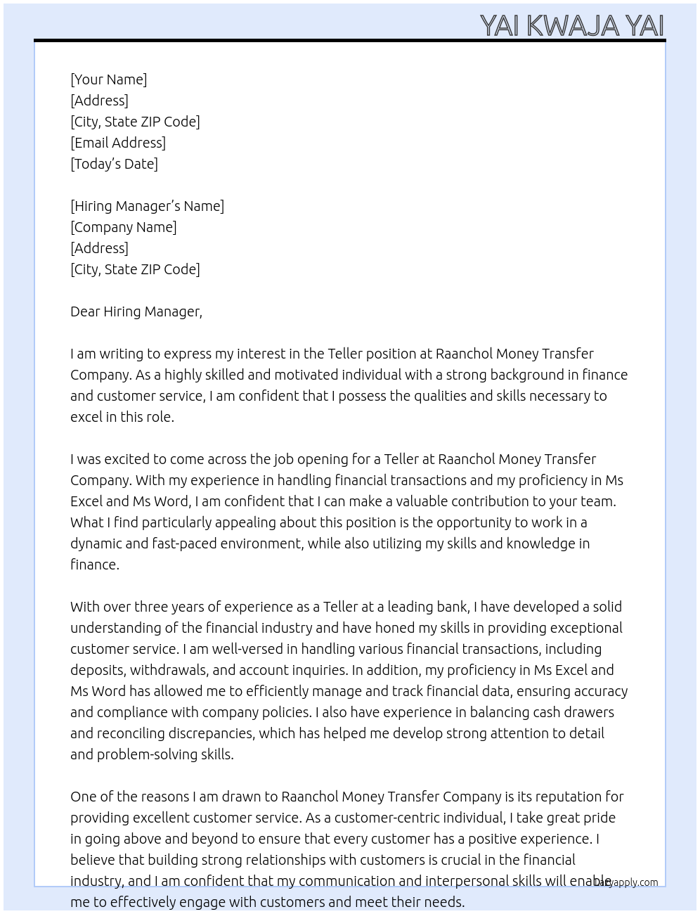 Teller At Raanchol Money Transfer Company Cover Letter