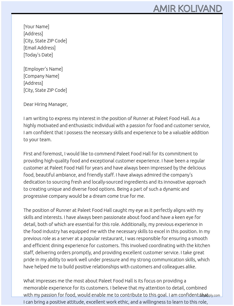 runner At Paleet Food Hall Cover Letter