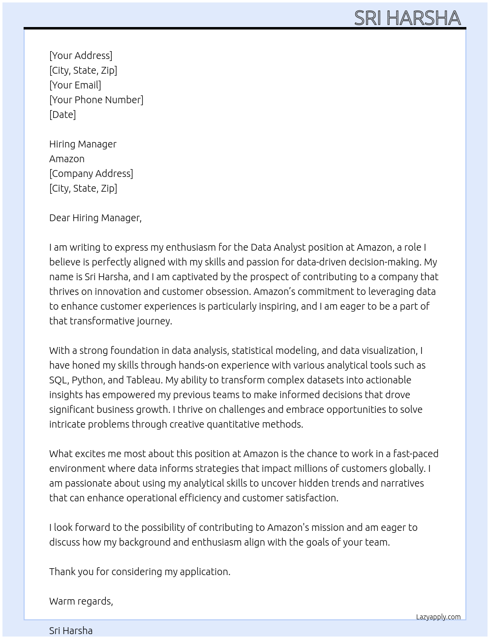 Data Analyst At amazon Cover Letter