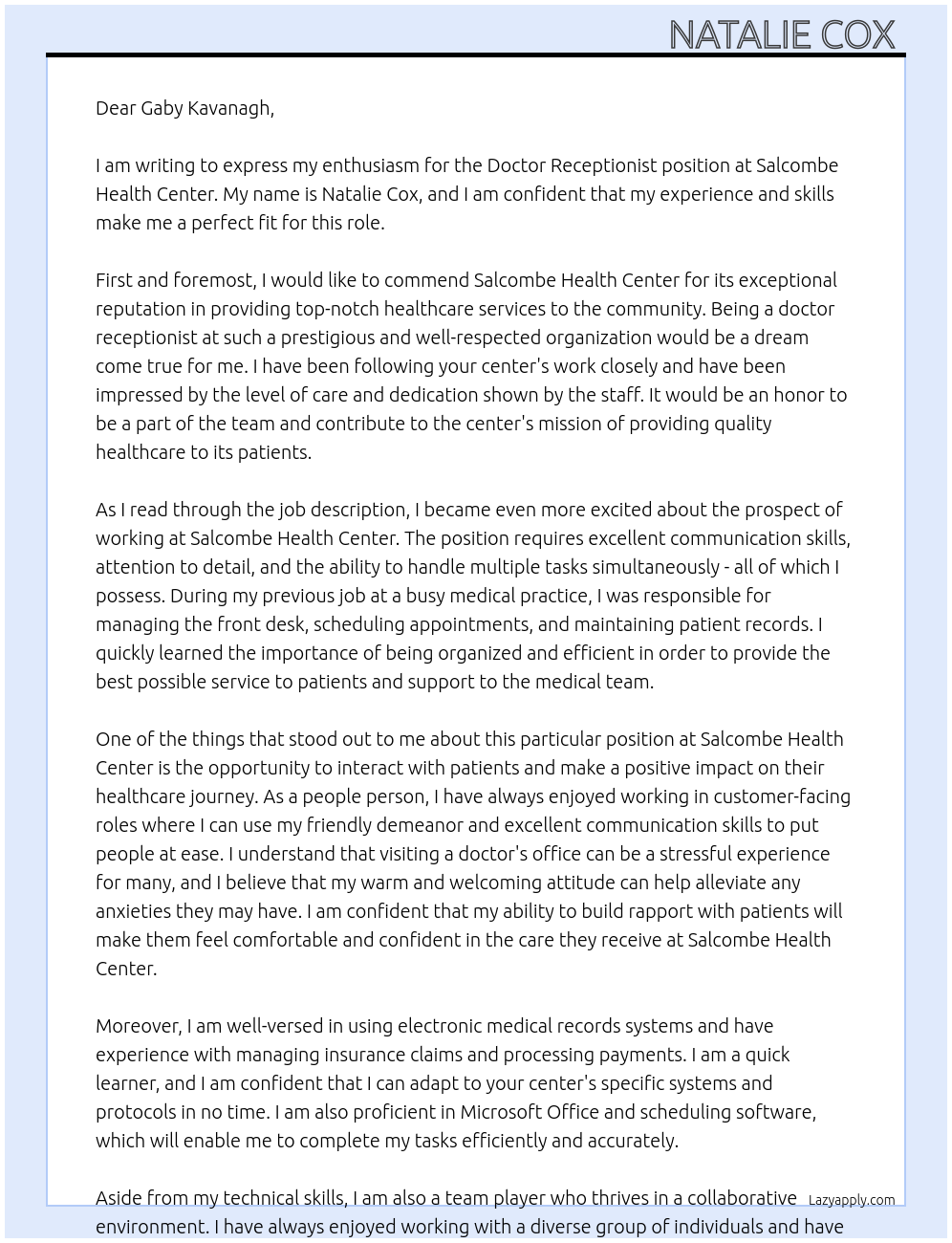 Cover letter for doctor receptionist - LazyApply