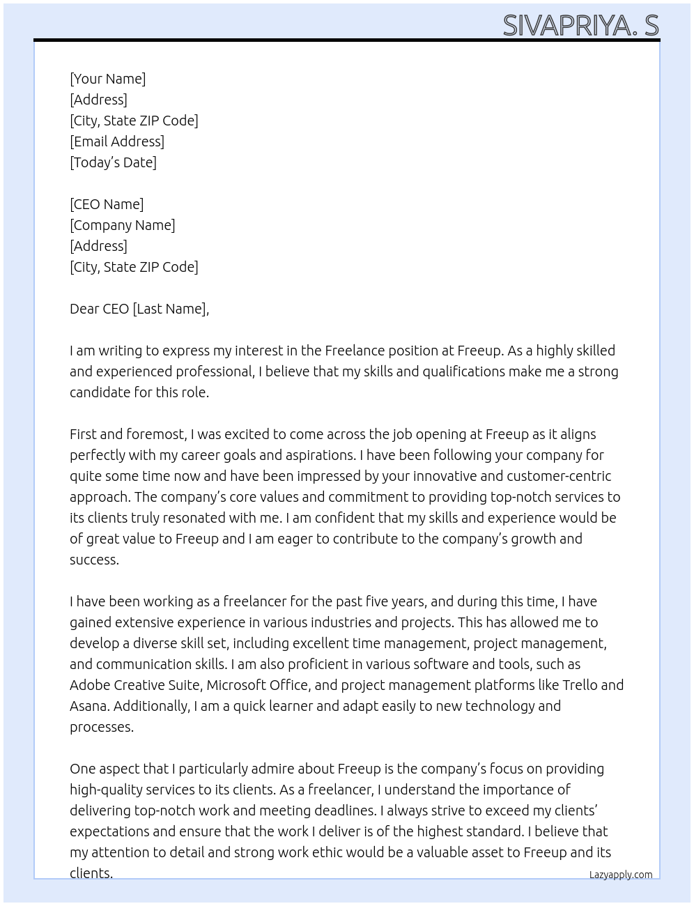 Freelance  At Freeup Cover Letter