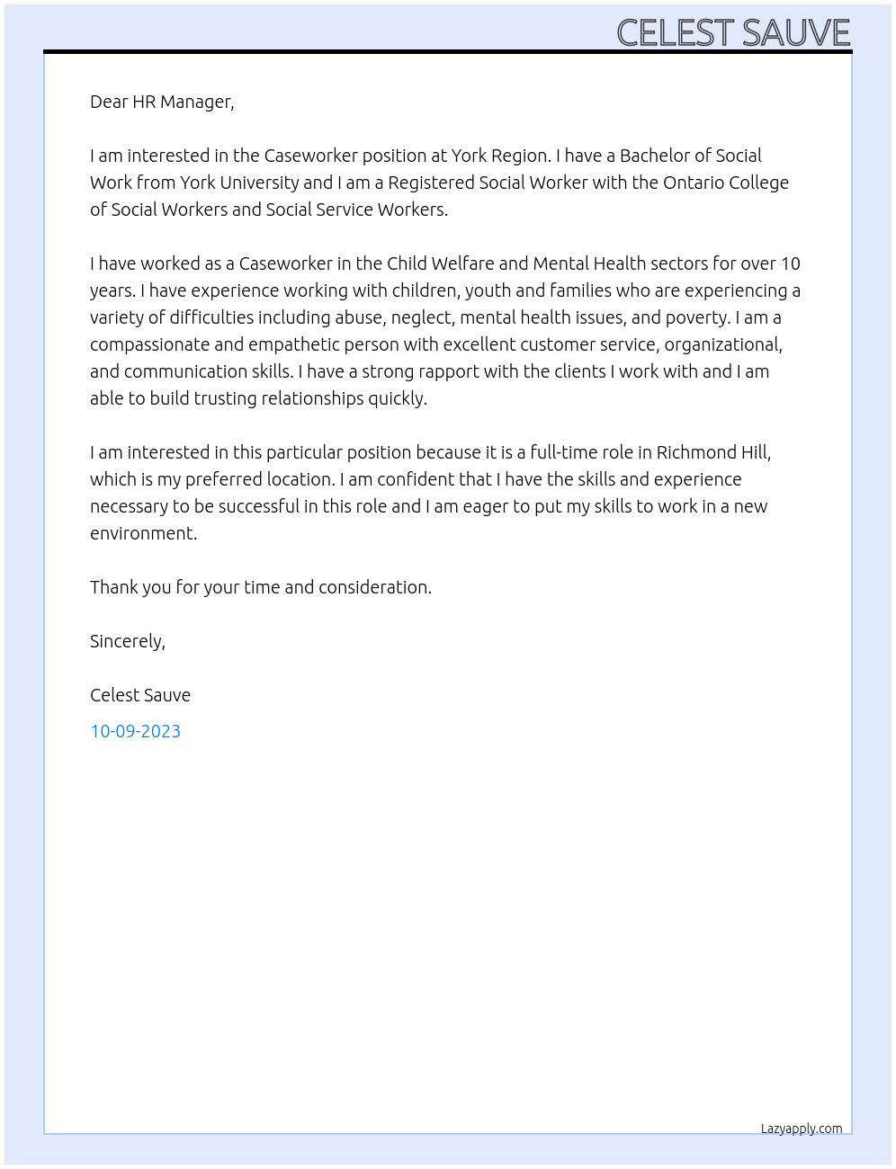 Caseworker At York Region Cover Letter