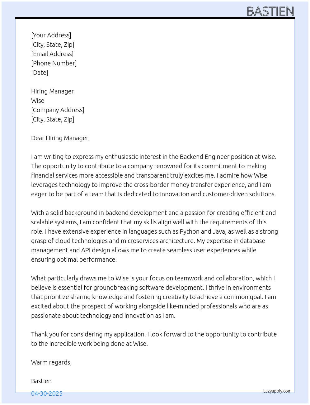 Cover letter for backend engineer - LazyApply