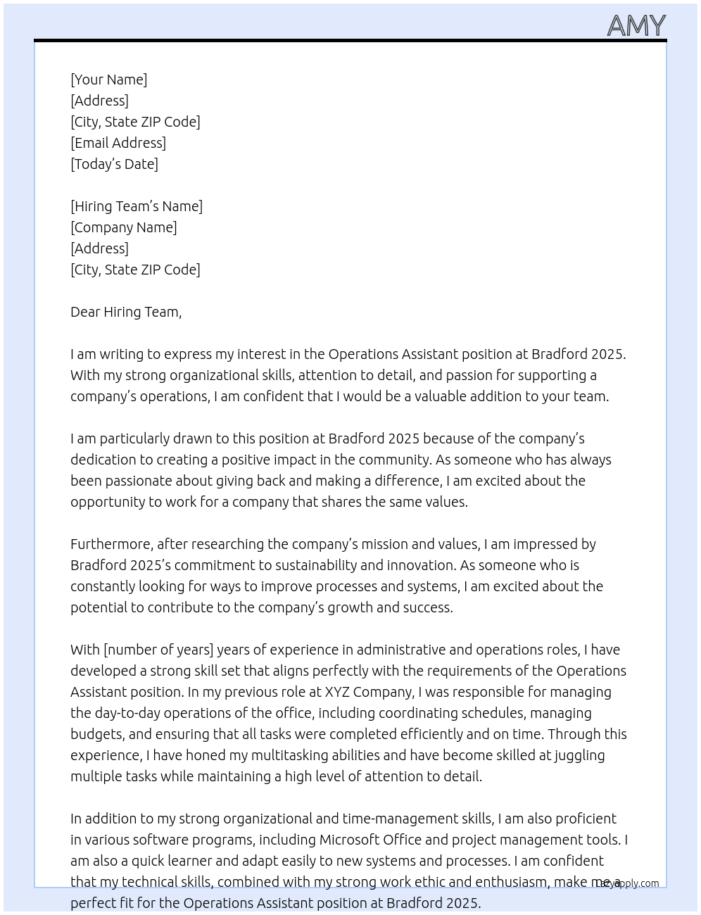 Operations Assistant At Bradford 2025 Cover Letter