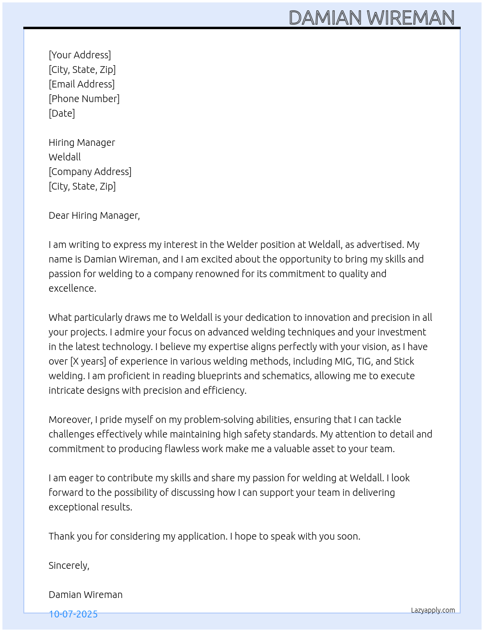 welder At weldall Cover Letter