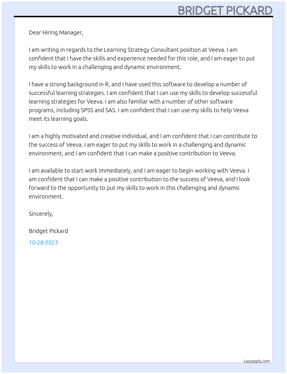 Learning Strategy Consultant At Veeva Cover Letter