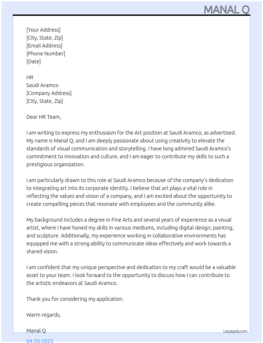 art At saudi aramco Cover Letter