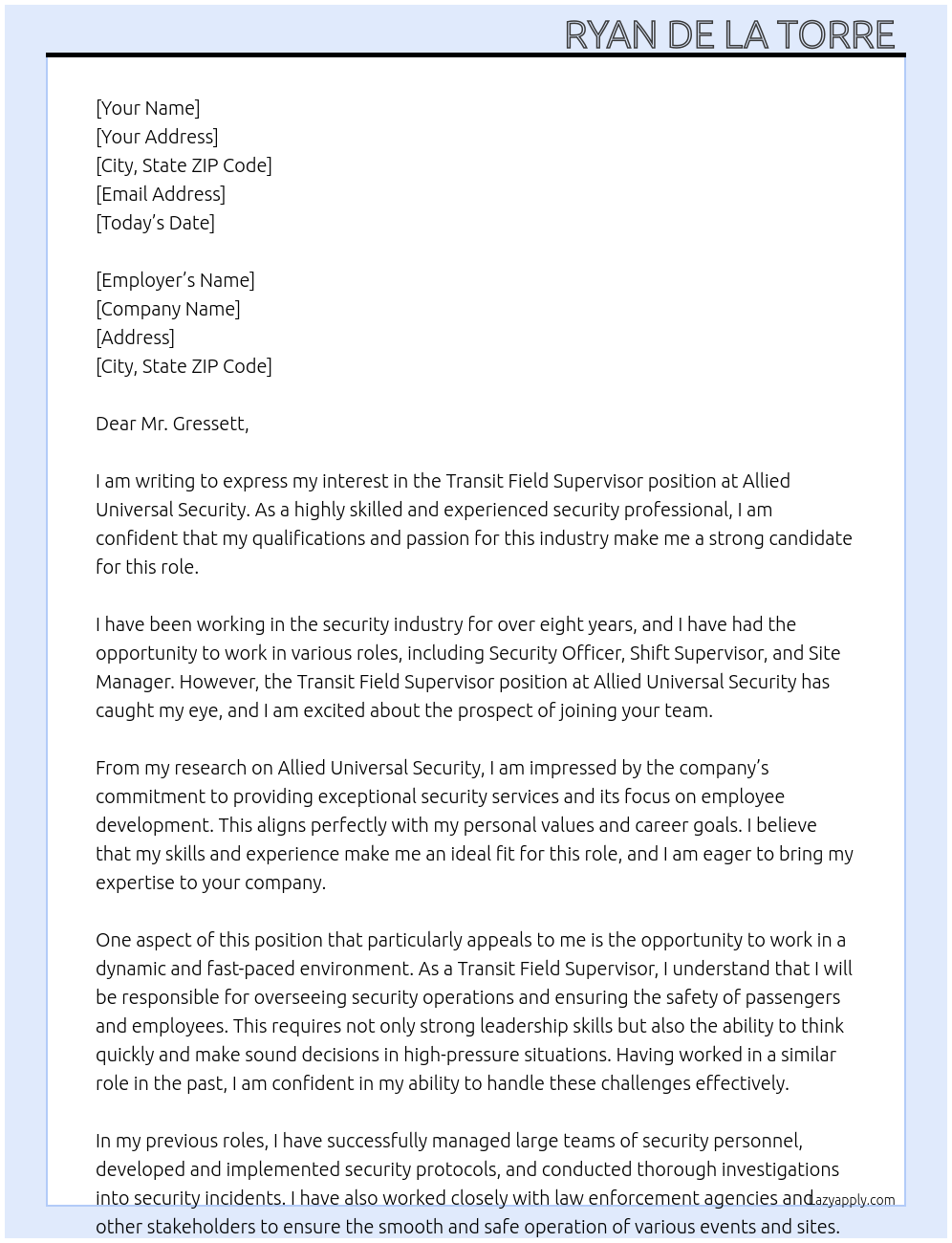 Cover letter for transit field supervisor - LazyApply