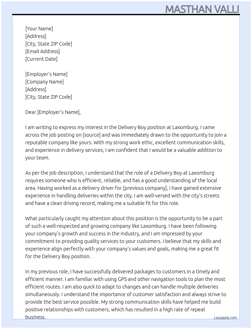 Delivery boy At Laxomburg Cover Letter