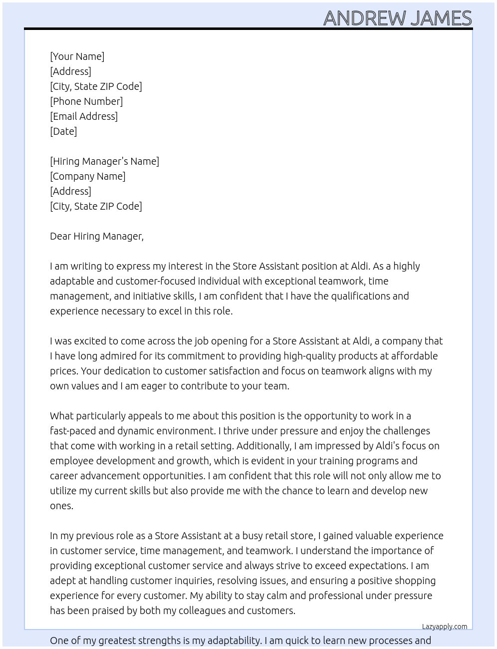 Store Assistant At Aldi Cover Letter