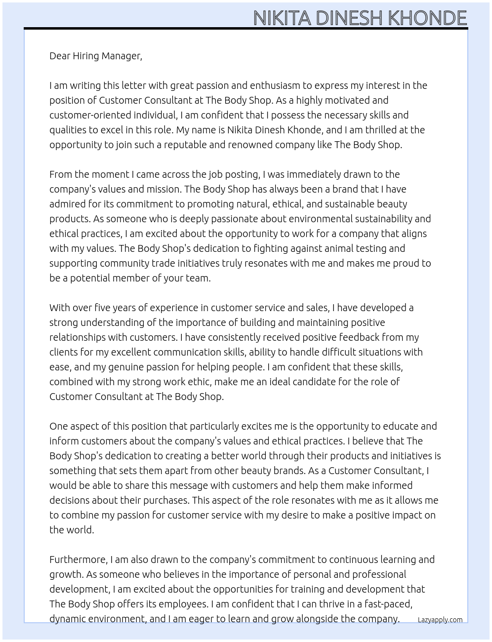 customer consultant  At The Body shop  Cover Letter