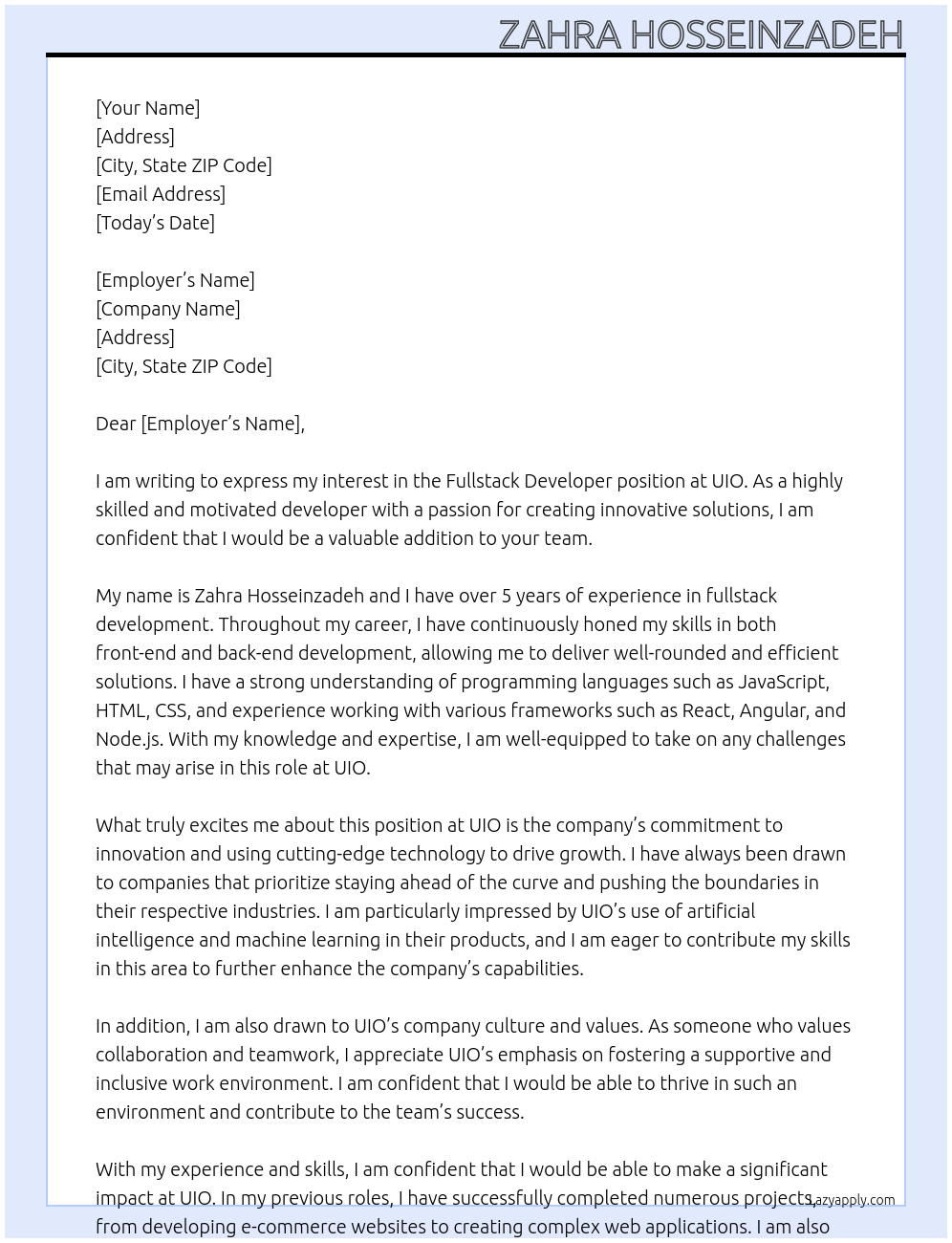 fullstack developer At uio Cover Letter