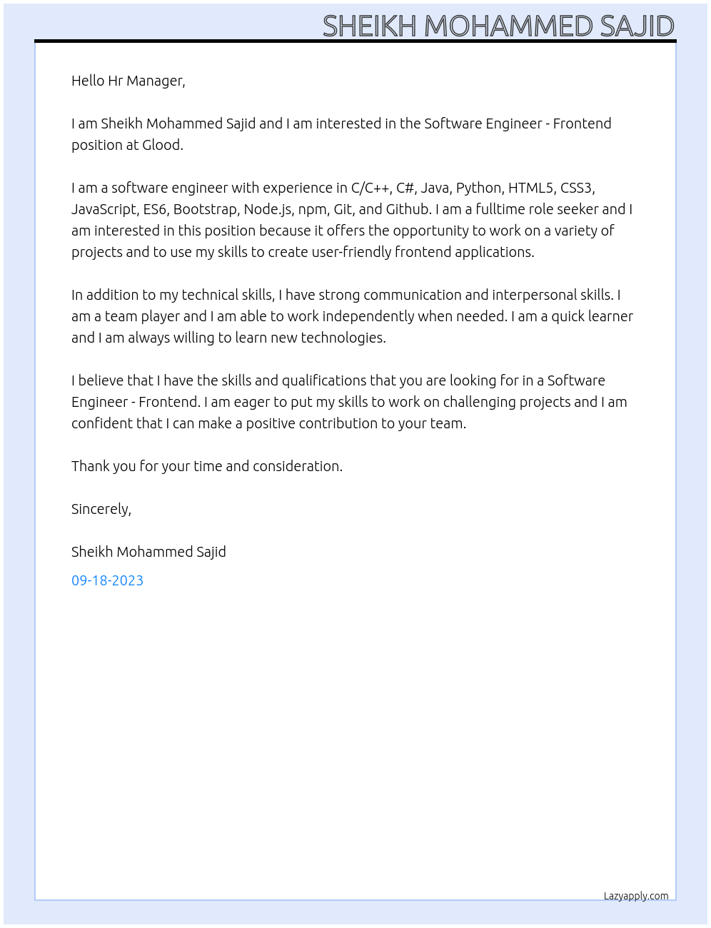 Software Engineer - Frontend At Glood Cover Letter