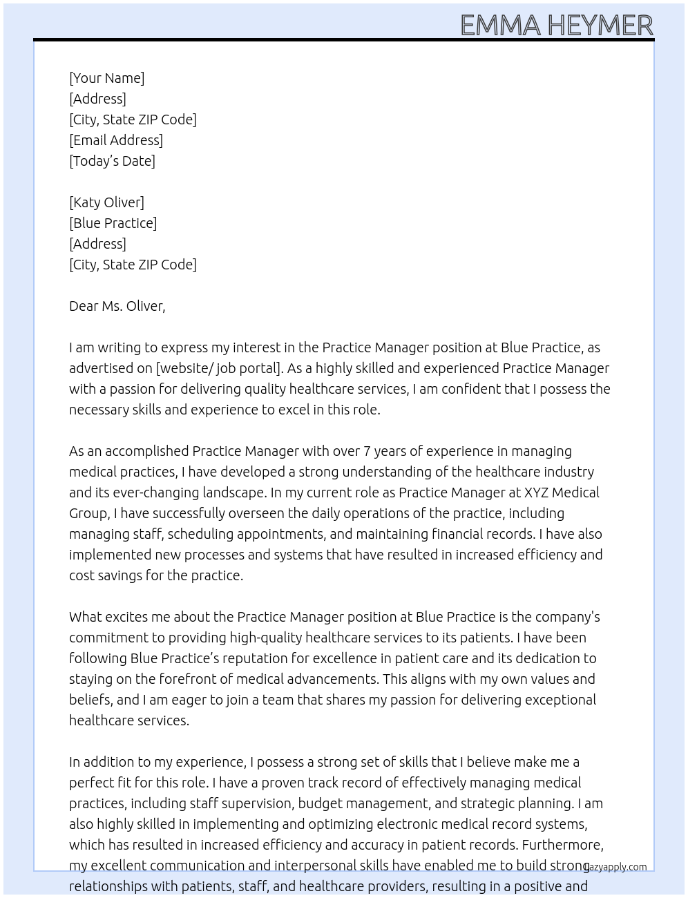 Practice Manager At Blue Practice Cover Letter