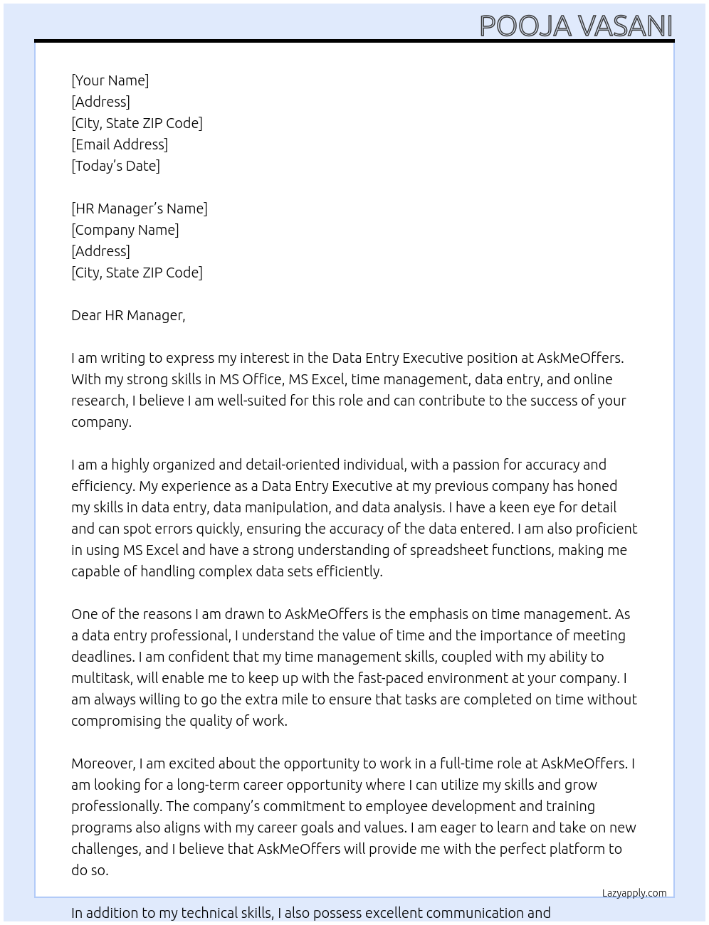 Data Entry Executive At AskMeOffers Cover Letter