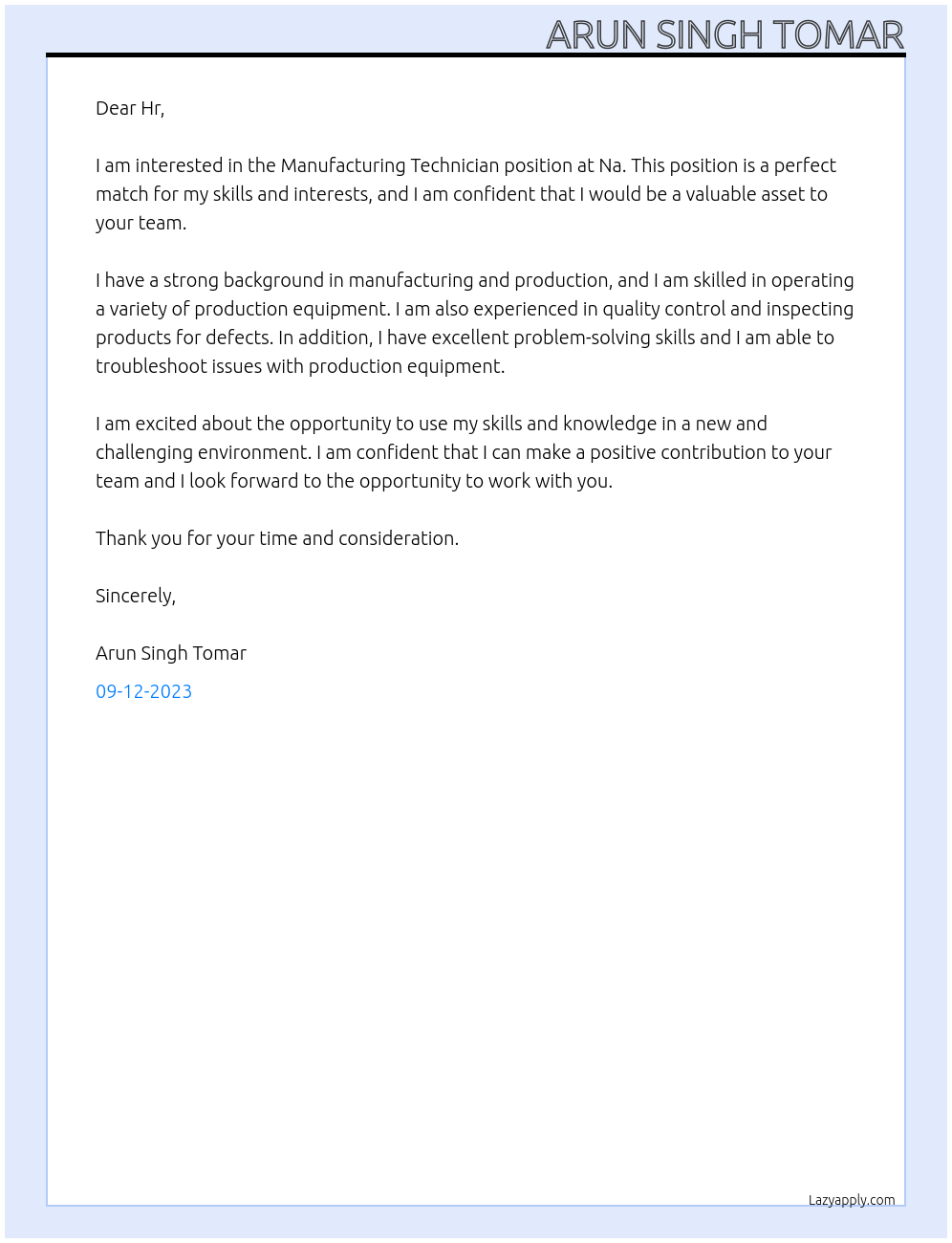 Manufacturing Technician At Na Cover Letter