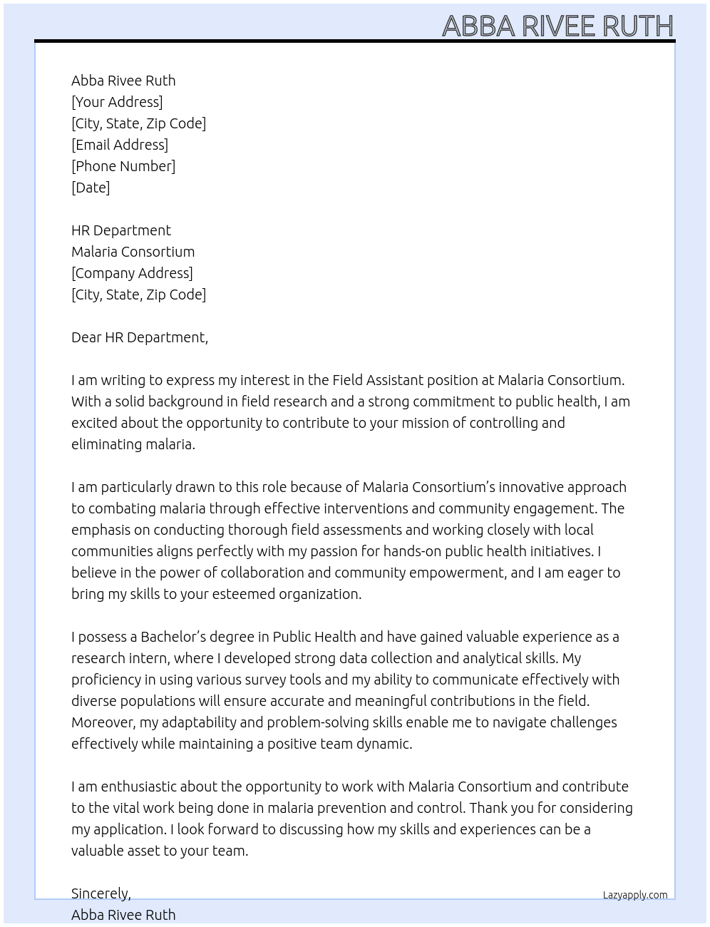 field assistant At malaria consortium Cover Letter