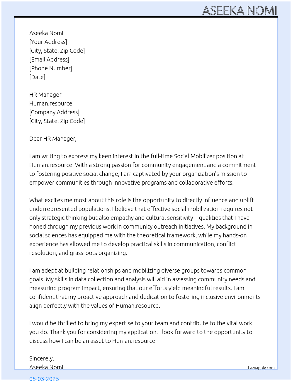 Social mobilizer At Human.resource Cover Letter