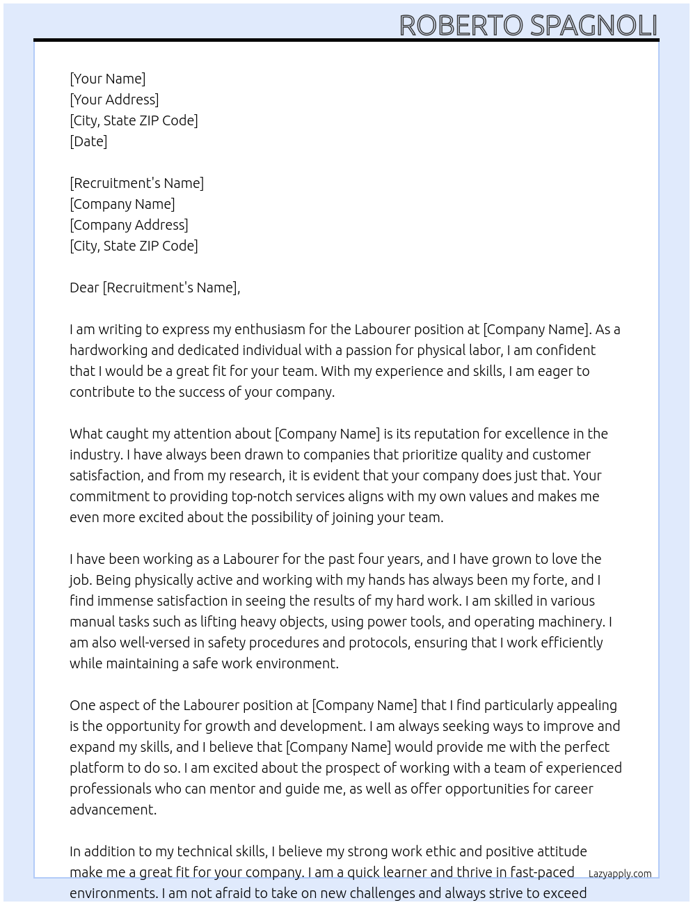 Labourer At blank Cover Letter