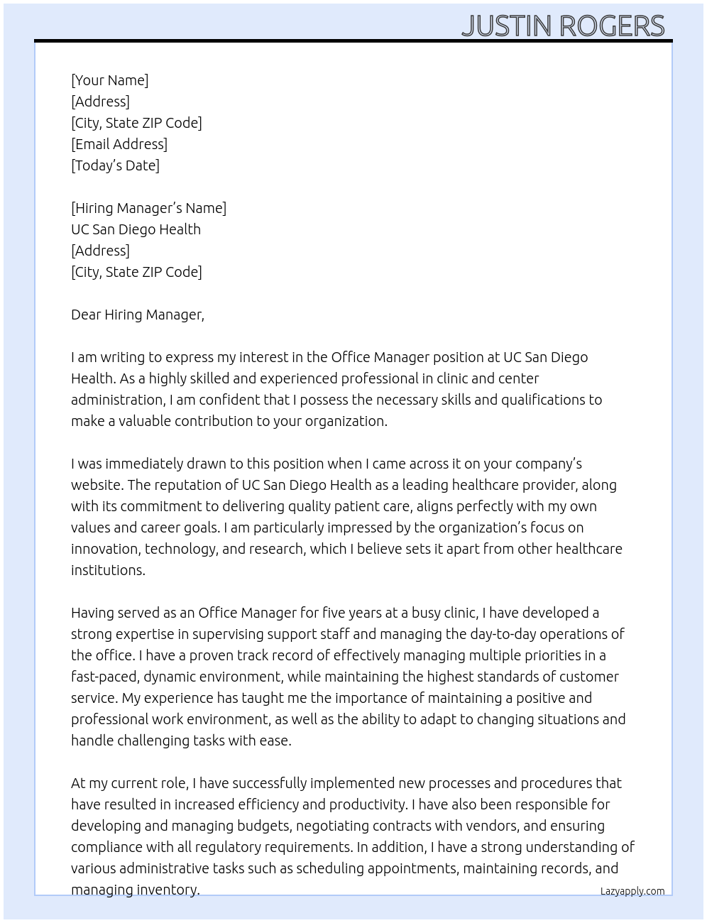 Office manger  At UC Sna Diego Health  Cover Letter