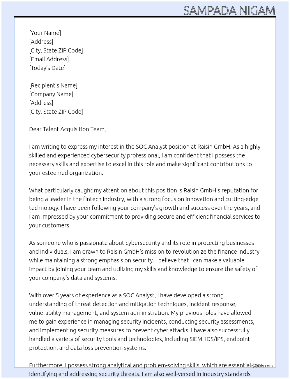 SOC Analyst At Raisin GmbH Cover Letter