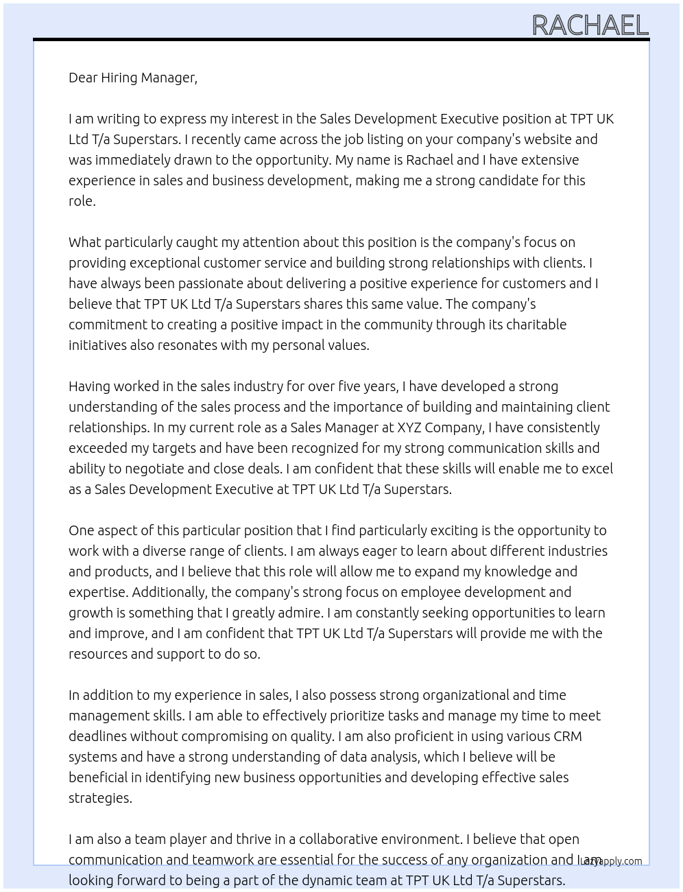 Sales Development Executive  At TPT UK Ltd T/a Superstars Cover Letter