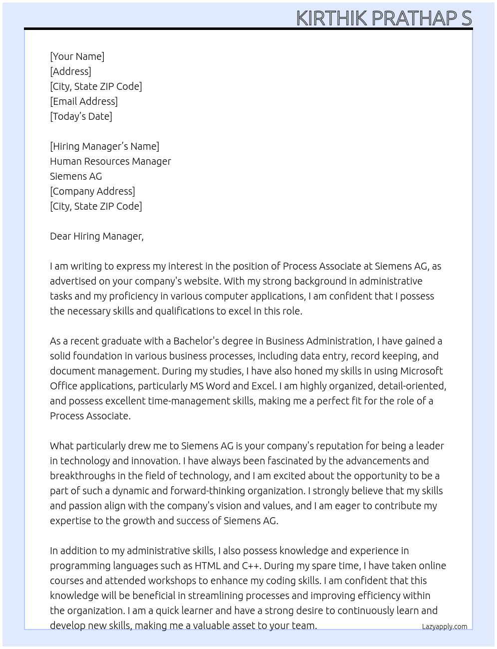 Process Associate At Siemens AG Cover Letter