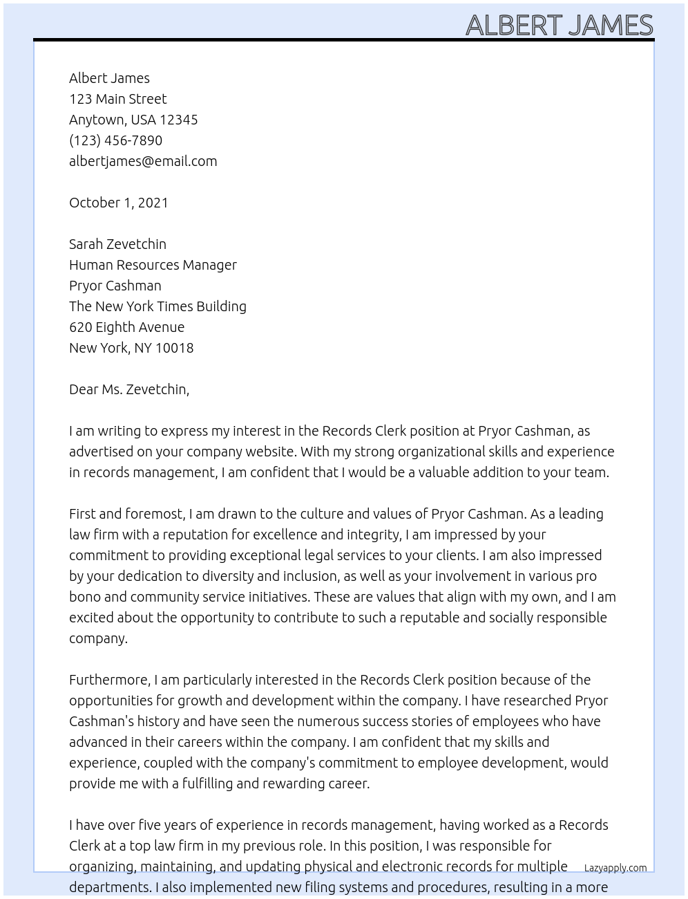 Records Clerk At Pryor Cashman Cover Letter