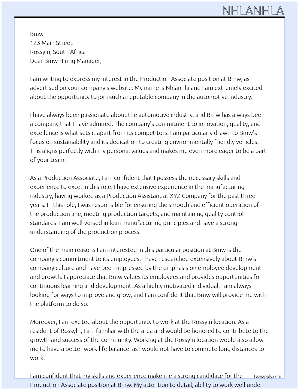 Production associate At Bmw  Cover Letter