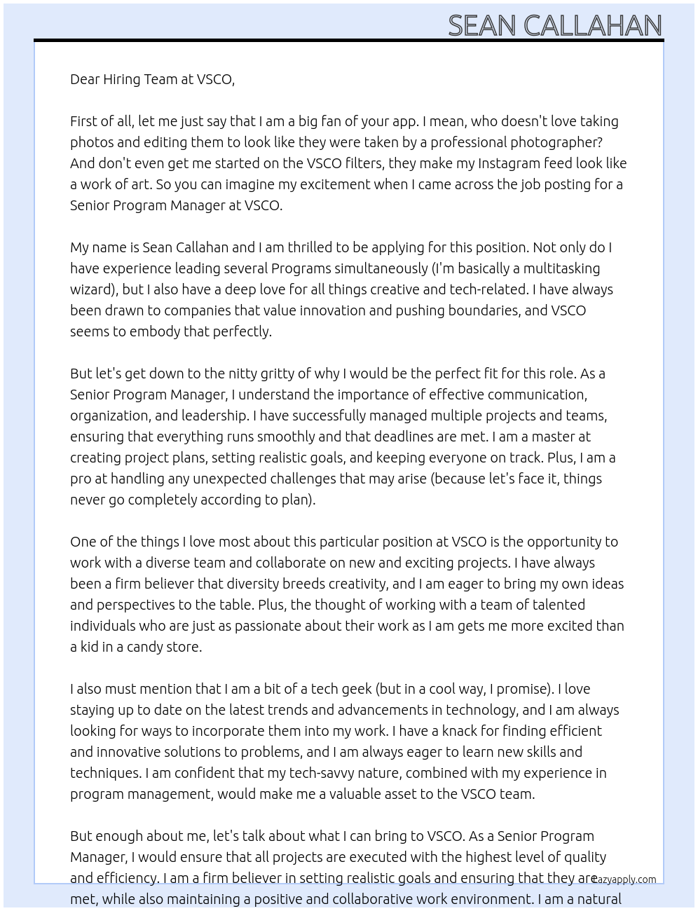 Senior Program Manager At VSCO Cover Letter