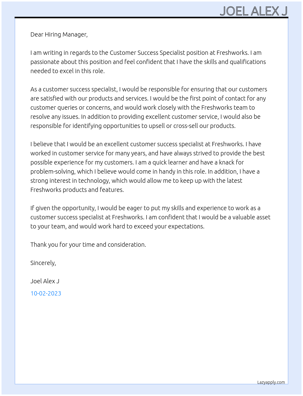 Customer Success Specialist At Freshworks Cover Letter