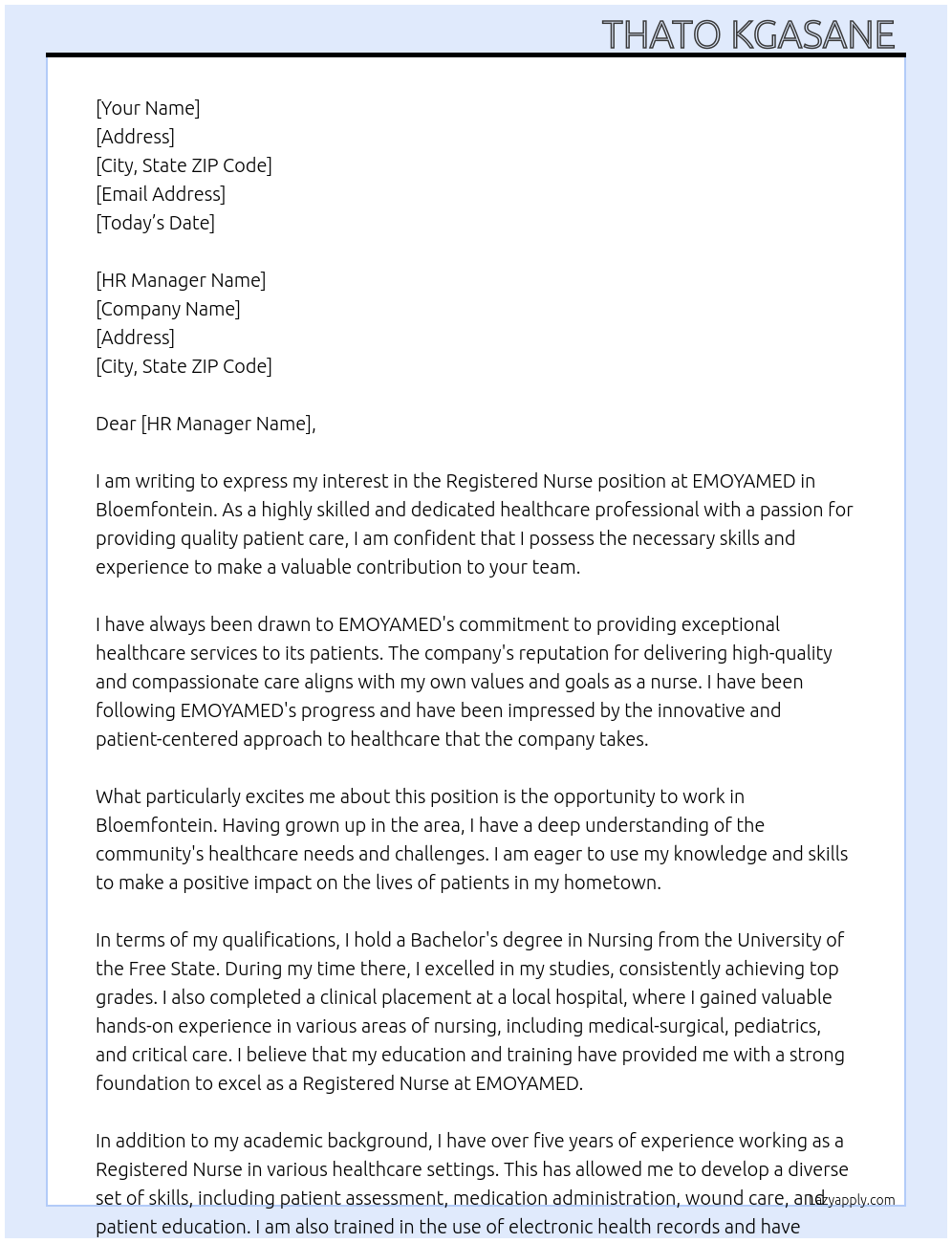 Registered Nurse At EMOYAMED Cover Letter