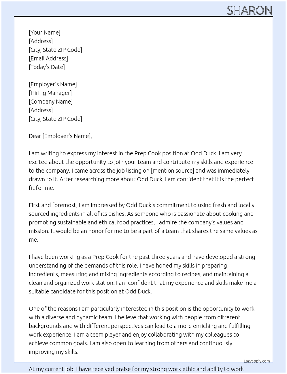 Prep cook At Odd duck Cover Letter