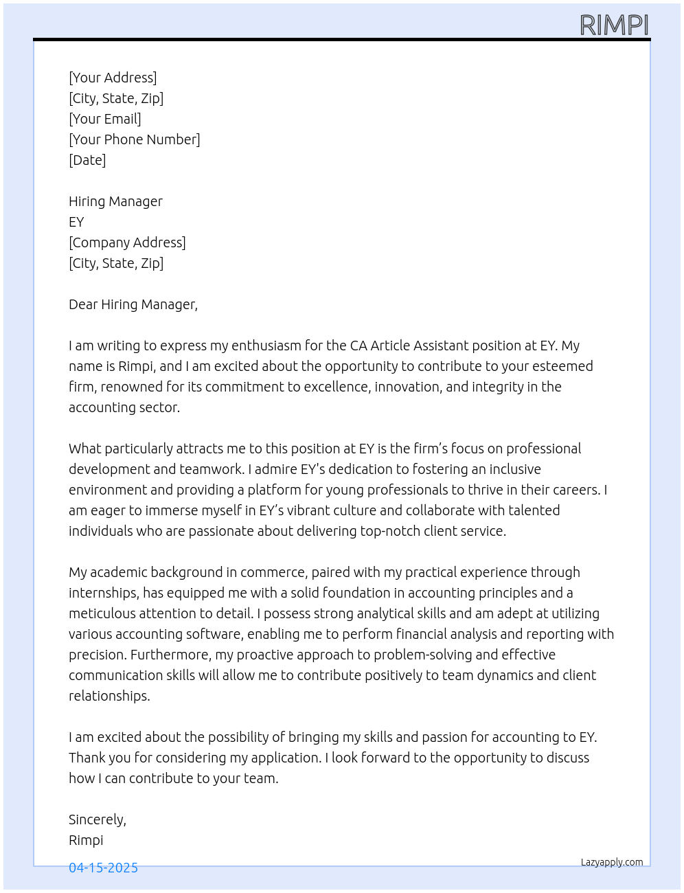 ca article assistant At ey Cover Letter