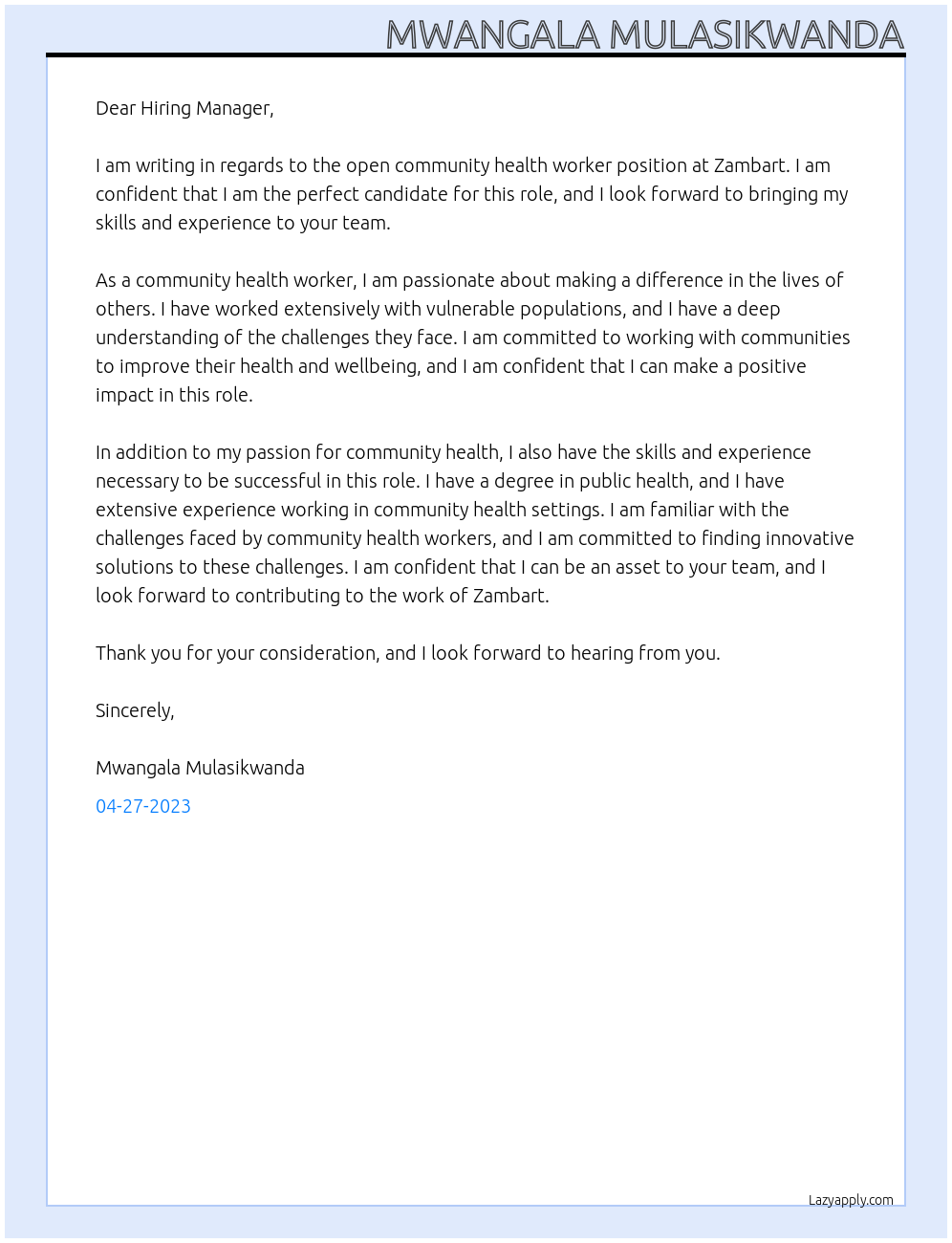 community health worker At Zambart Cover Letter