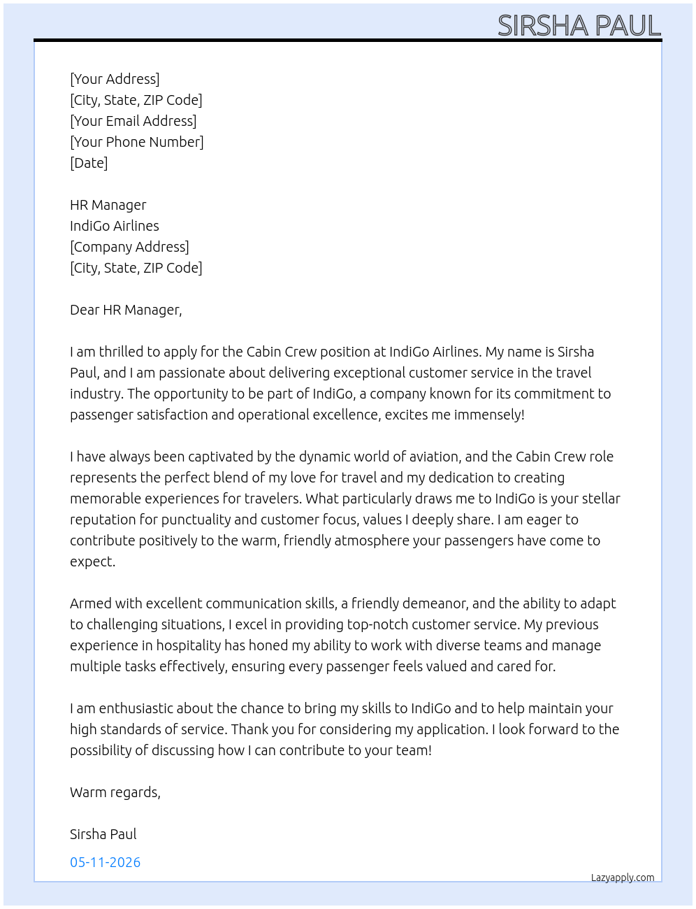 Cabin crew At Indigo Cover Letter