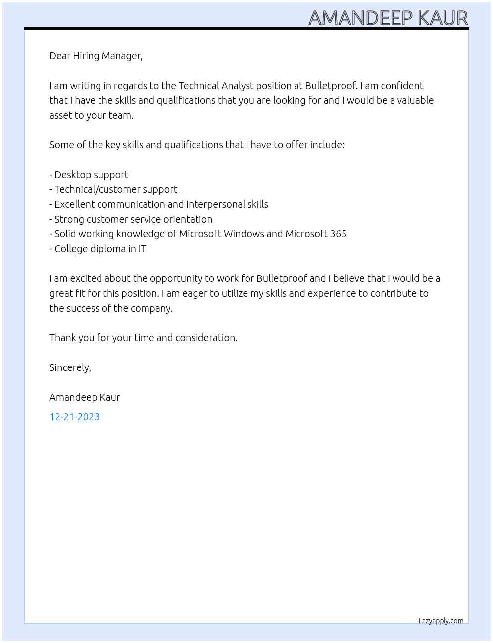 Technical Analyst At Bulletproof Cover Letter