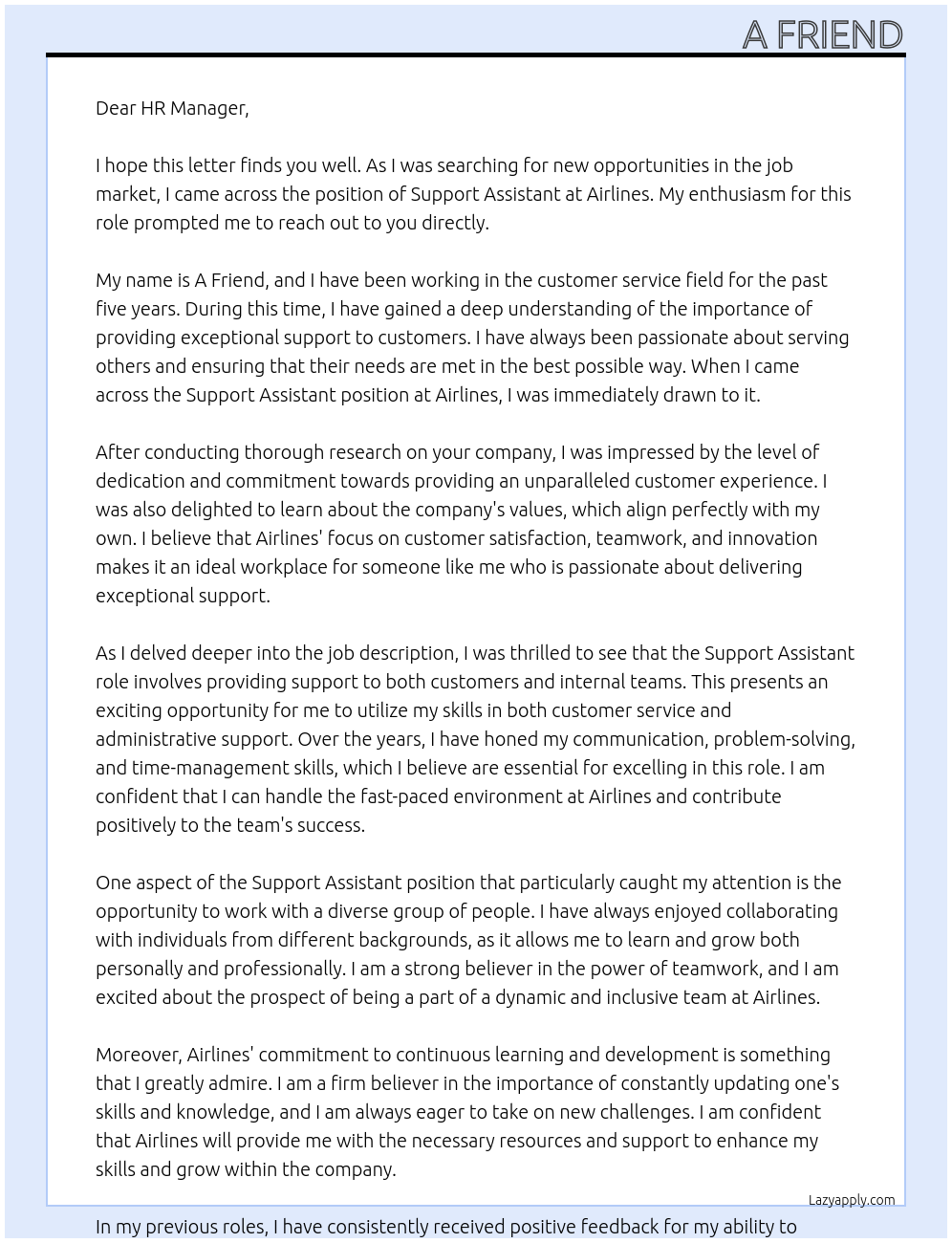 Support Assistant At Airlines Cover Letter