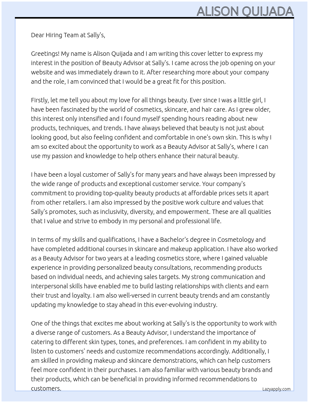 Beauty Advisor At Sally’s Cover Letter