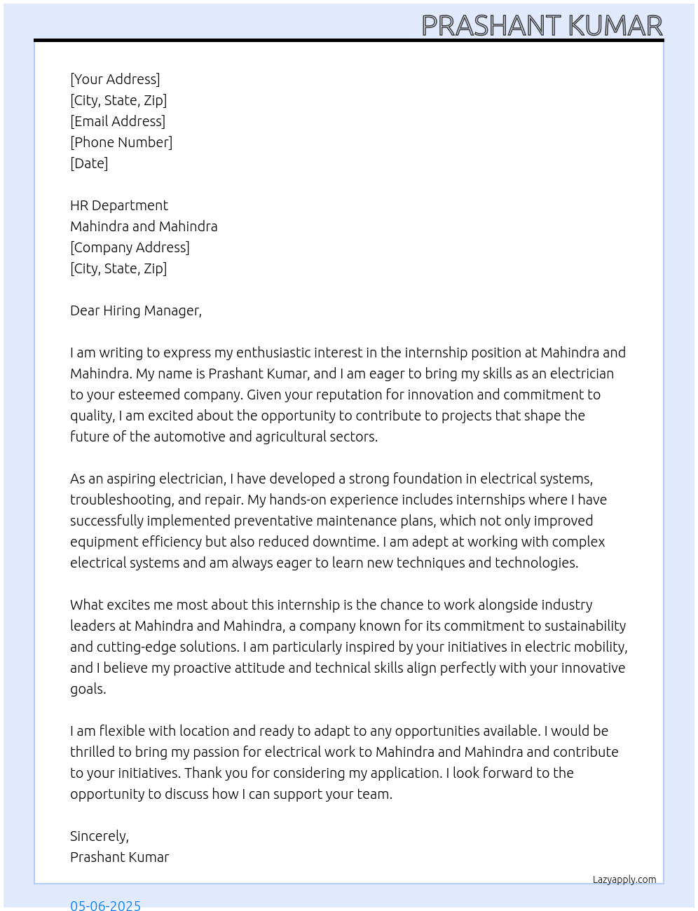 internship At mahindra and mahindra Cover Letter