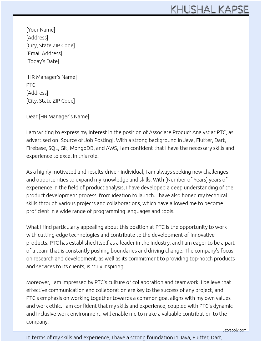 Associate Product Analyst At PTC Cover Letter